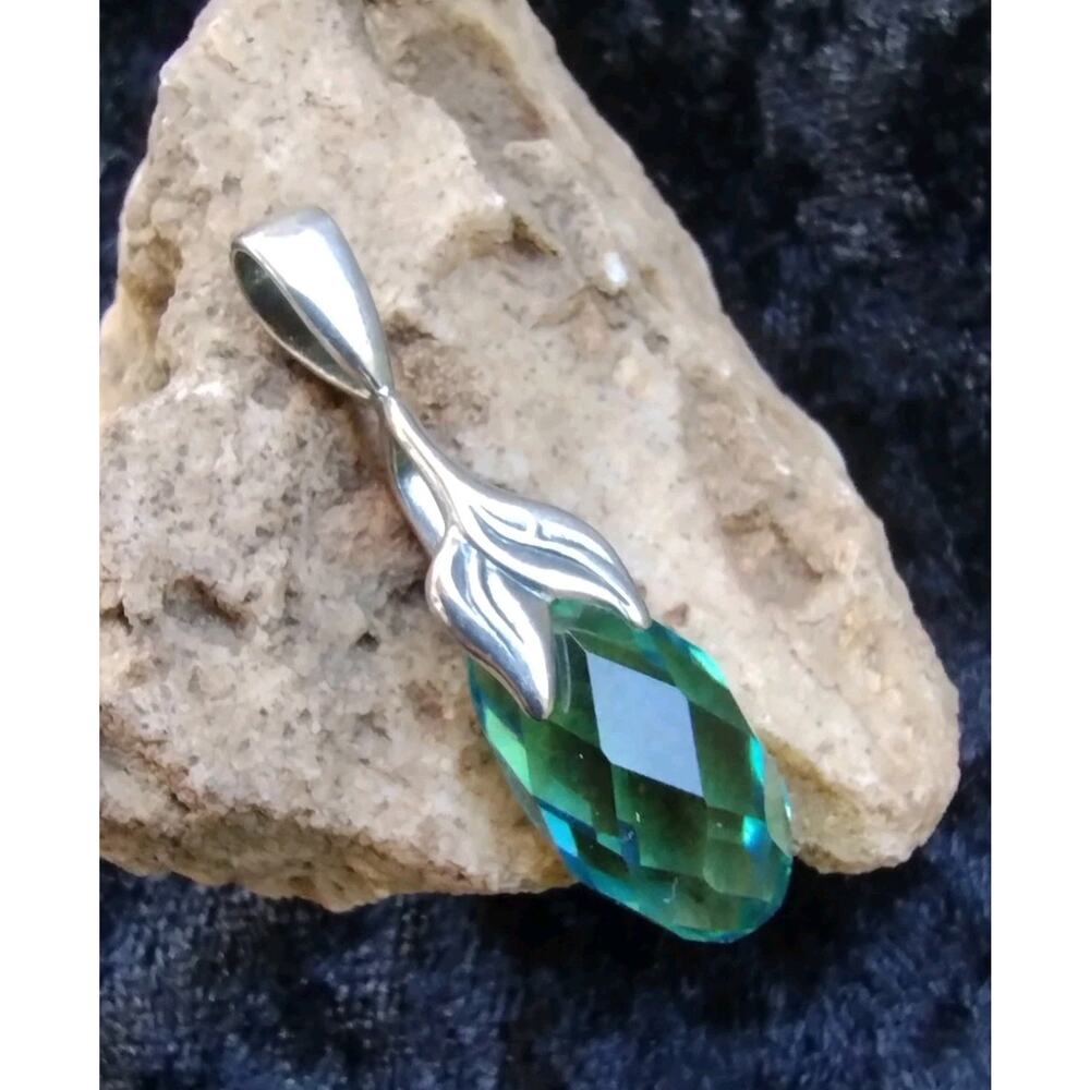 Swarovski Crystal Green Briolette & Sterling Silver Mermaid/ Fish Tail Pendant
